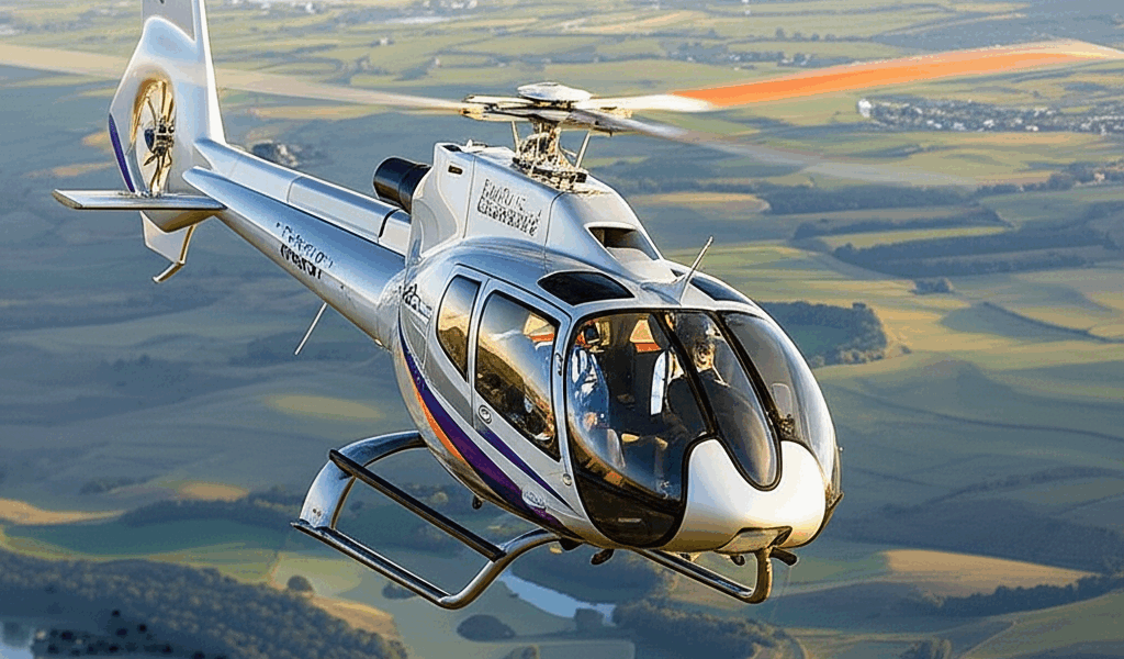 Bell 505 light turbine helicopter flying over scenic landscape