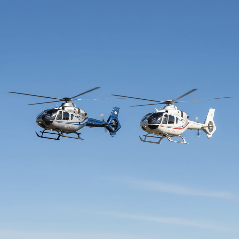 Bell 505 and Robinson R66 helicopters side-by-side comparison in flight
