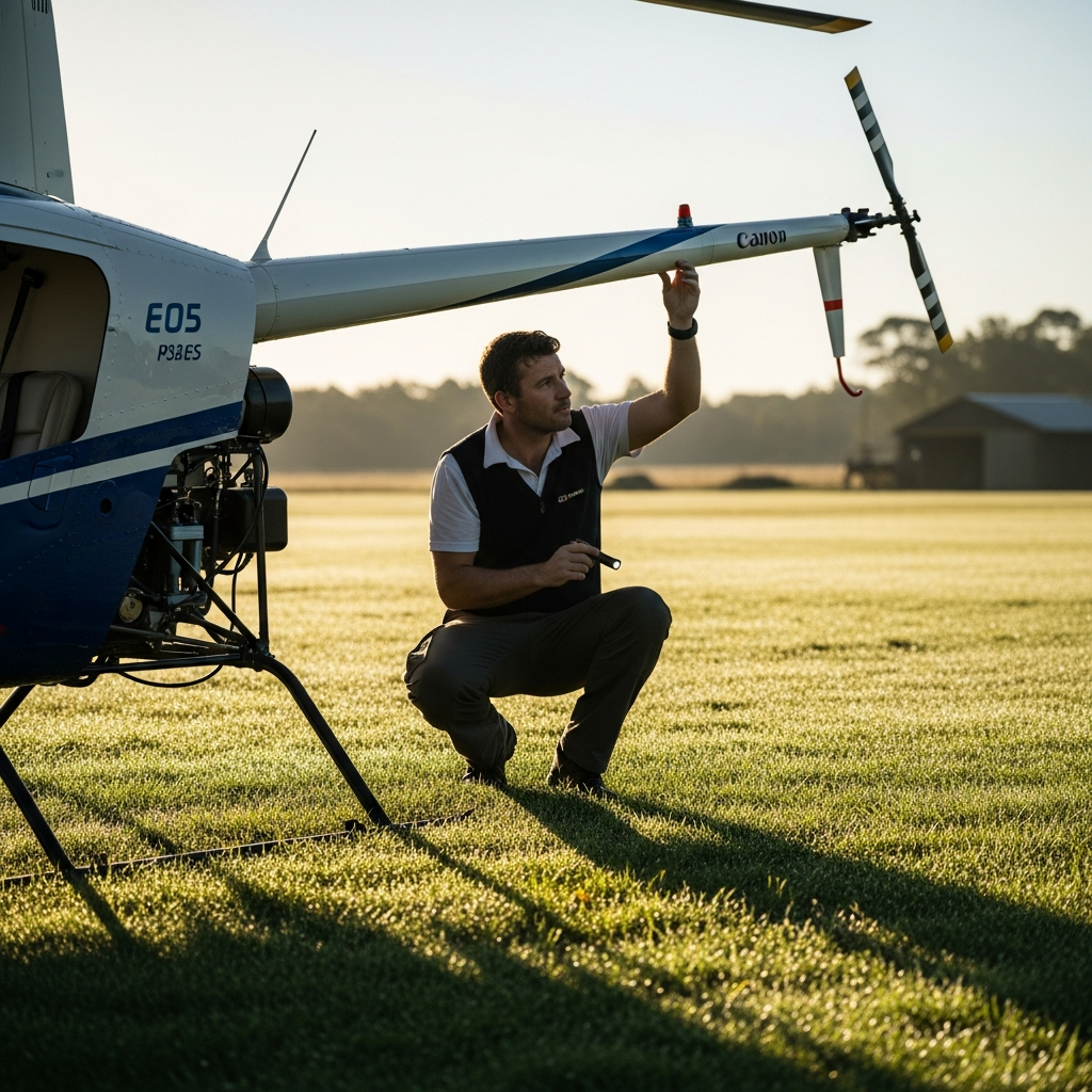 Pilot performing pre-flight inspection on a Robinson helicopter at a private grass airstrip