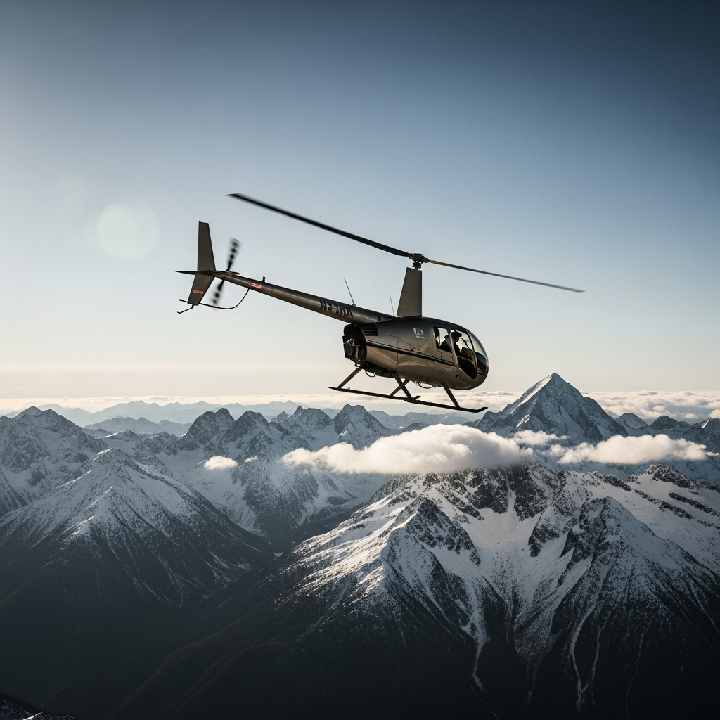 Robinson helicopter flying over mountain terrain demonstrating high altitude turbine performance advantage