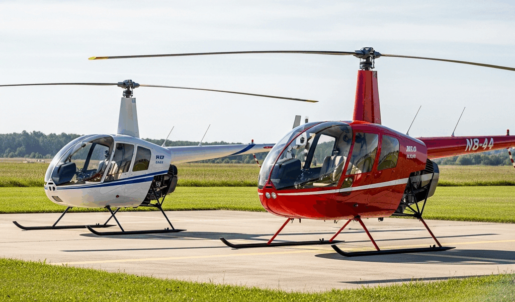 robinson r22 and r44 helicopters parked side by side on a he 20260331 130003