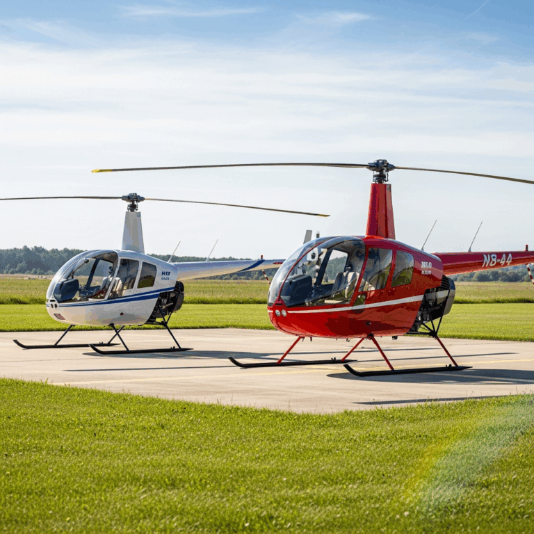 robinson r22 and r44 helicopters parked side by side on a he 20260331 130003
