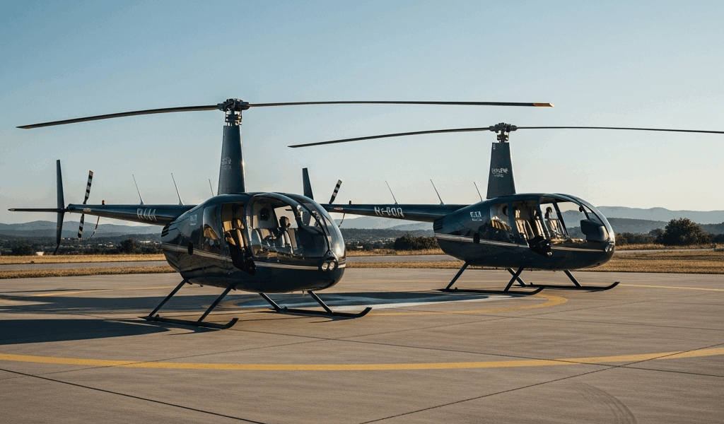 robinson r44 and r66 helicopters parked side by side on heli 20260331 084513