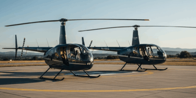robinson r44 and r66 helicopters parked side by side on heli 20260331 084513