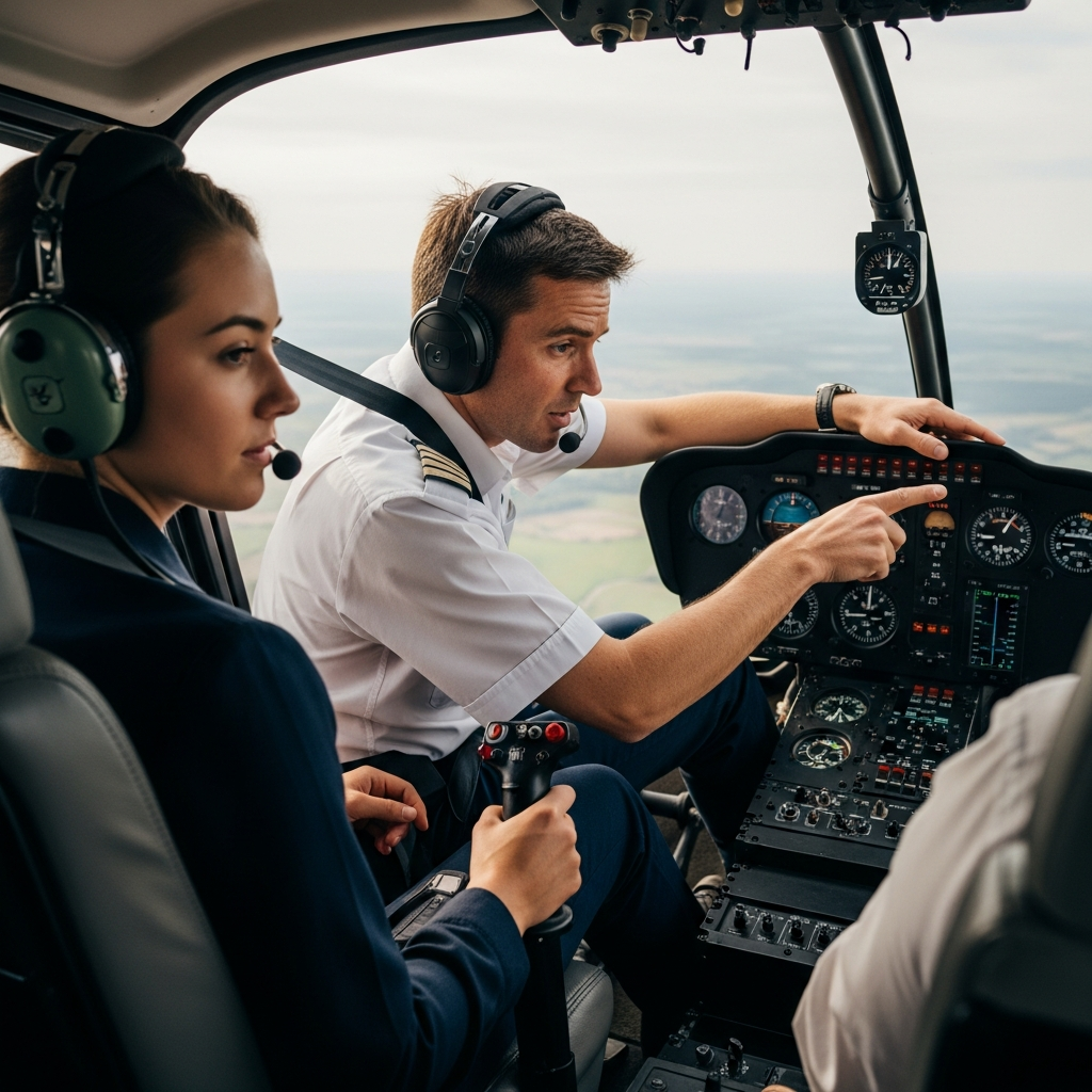 Student pilot training in a helicopter cockpit with instructor guiding at the dual controls