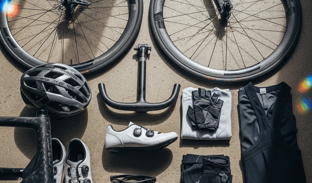 lightweight carbon road bike components and cycling gear flat lay