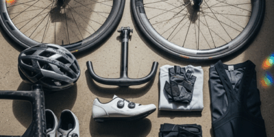 lightweight carbon road bike components and cycling gear flat lay