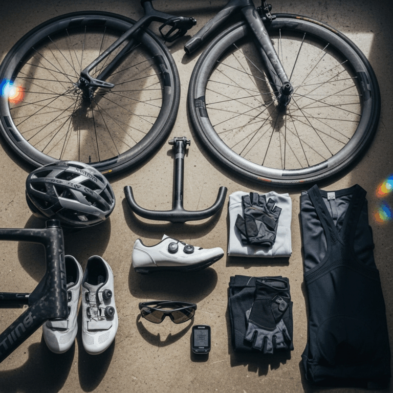 lightweight carbon road bike components and cycling gear flat lay